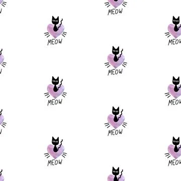 Cute seamless pattern with hearts and cats. Romantic texture for backgrounds, Illustrazione stock