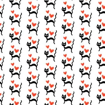 Cute seamless pattern with hearts and cats. Romantic texture for backgrounds, Stock Illustration