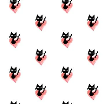 Cute seamless pattern with hearts and cats. Romantic texture for backgrounds, Stock Illustration