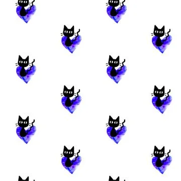 Cute seamless pattern with hearts and cats. Romantic texture for backgrounds, Illustrazione stock