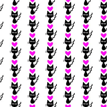 Cute seamless pattern with hearts and cats. Romantic texture for backgrounds, Stock Illustration