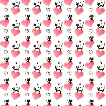 Cute seamless pattern with hearts and cats. Romantic texture for backgrounds, Illustrazione stock