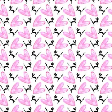 Cute seamless pattern with hearts and cats. Romantic texture for backgrounds, Illustrazione stock