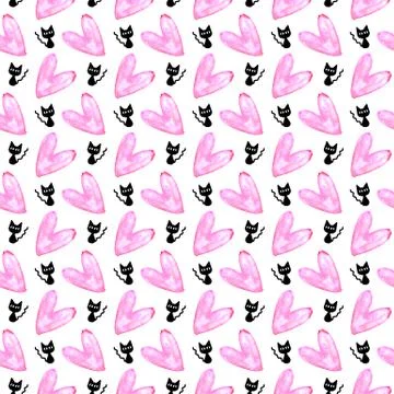 Cute seamless pattern with hearts and cats. Romantic texture for backgrounds, Stock Illustration