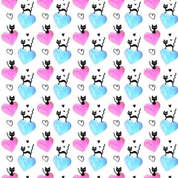 Cute seamless pattern with hearts and cats. Romantic texture for backgrounds, Stock Illustration