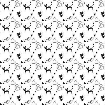 Cute seamless pattern with hearts and cats. Hand drawn Romantic texture for b Stock Illustration