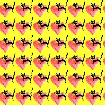 Cute seamless pattern with hearts and cats. Romantic texture for backgrounds, Stock Illustration