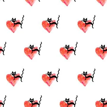 Cute seamless pattern with hearts and cats. Romantic texture for backgrounds, Stock Illustration