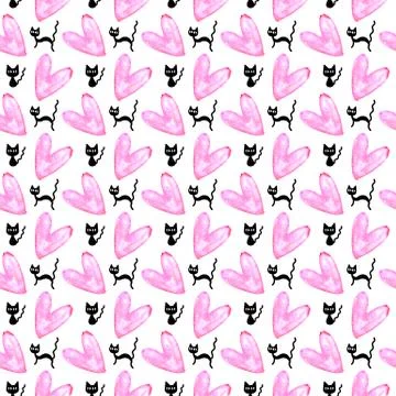 Cute seamless pattern with hearts and cats. Romantic texture for backgrounds, Stock Illustration