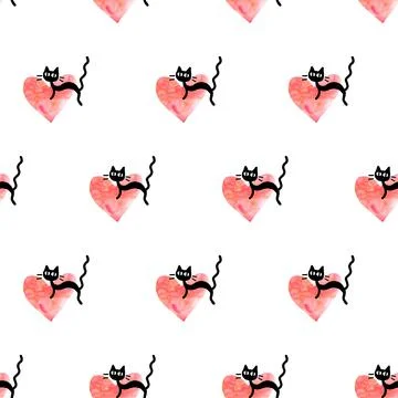 Cute seamless pattern with hearts and cats. Romantic texture for backgrounds, Stock Illustration