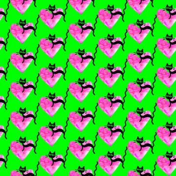 Cute seamless pattern with hearts and cats. Romantic texture for backgrounds, Stock Illustration