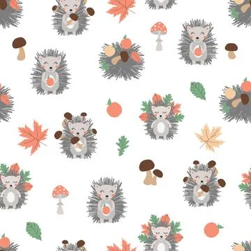 Cute seamless pattern with hedgehog, mushrooms and trees. Hand drawn Illustrazione stock