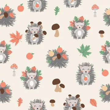 Cute seamless pattern with hedgehog, mushrooms and trees. Hand drawn Stock Illustration