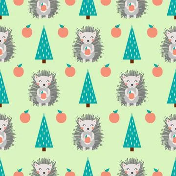 Cute seamless pattern with hedgehog, mushrooms and trees. Hand drawn 스톡 일러스트