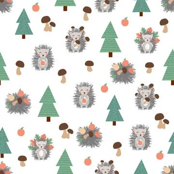 Cute seamless pattern with hedgehog, mushrooms and trees. Hand drawn 스톡 일러스트