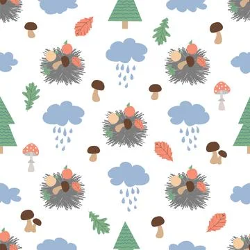 Cute seamless pattern with hedgehog, mushrooms and trees. Hand drawn Stock Illustration