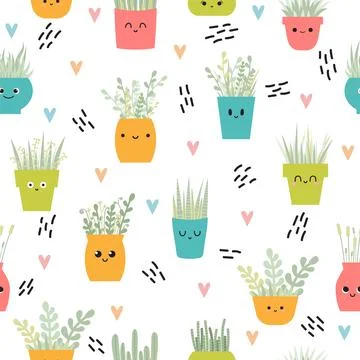 Cute seamless pattern with house plants in pots. Floral background for your.. Stock Illustration