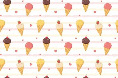 Cute seamless pattern with ice cream cone and hearts on striped background... Illustrazione stock