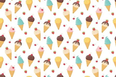 Cute seamless pattern with ice cream cone with different flavors, strawberr.. Stock Illustration
