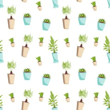 Cute seamless pattern with indoor plants in a pot. Print with green leaves of Stock Illustration