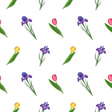 Cute seamless pattern of iris and tulips flowers. Bright spring and summer print Illustrazione stock