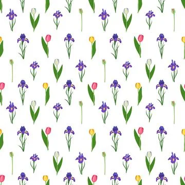 Cute seamless pattern of iris and tulips flowers. Bright spring and summer print Stock Illustration
