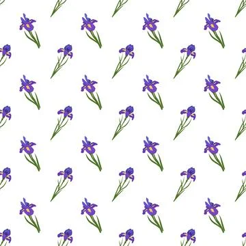 Cute seamless pattern of iris flowers. Bright spring and summer print with green Stock Illustration