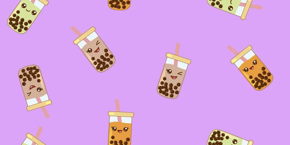 Cute seamless pattern of kawaii bubble tea cups with happy faces, on a violet Stock Illustration