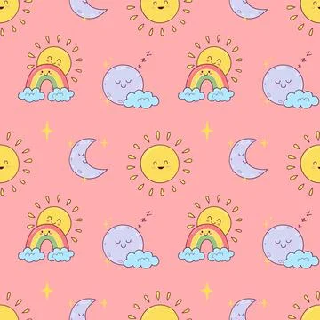 Cute seamless pattern with kawaii clouds, rainbow, and stars. pattern for fab Stock Illustration