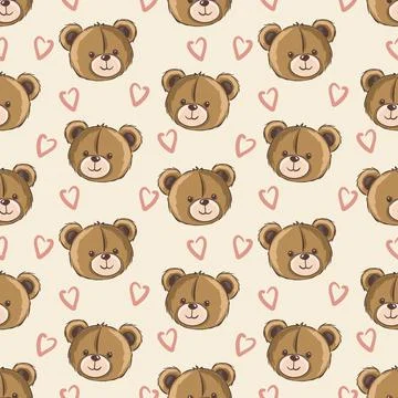 Cute seamless pattern kids bear faces and hearts background Illustrazione stock
