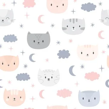 Cute seamless pattern for kids with cartoon little cats. Children backgroun.. Stock Illustration
