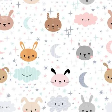 Cute seamless pattern for kids with cartoon little bunnies. Children backgr.. Illustrazione stock