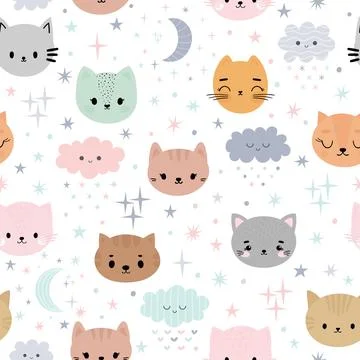 Cute seamless pattern for kids with cartoon little cats. Children backgroun.. Illustrazione stock