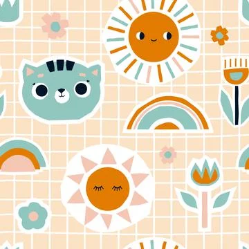 Cute seamless pattern for kids with a cat Stock Illustration