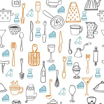 Cute seamless pattern with kitchen equipments Stock Illustration