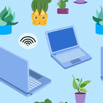 Cute seamless pattern with laptop and cactus pots Stock Illustration