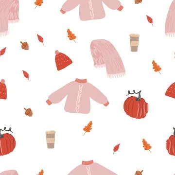 Cute seamless pattern, leaf fall and pumpkin pattern, cozy autumn day, hygge, a Stock Illustration