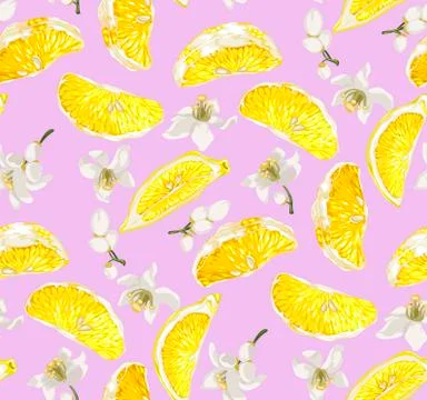 Cute seamless pattern with lemon citrus fruit slices and blooming citrus flow 스톡 일러스트