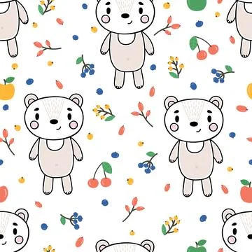 Cute seamless pattern with little bear and berries. Childish background wit.. Stock Illustration