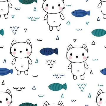 Cute seamless pattern with little cat and fishes. Childish sea background w.. Illustrazione stock