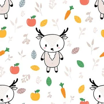 Cute seamless pattern with little deer and fruits. Childish background with.. Stock Illustration