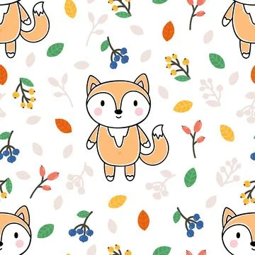 Cute seamless pattern with little fox, leaves and berries. Childish backgro.. Stockillustratie