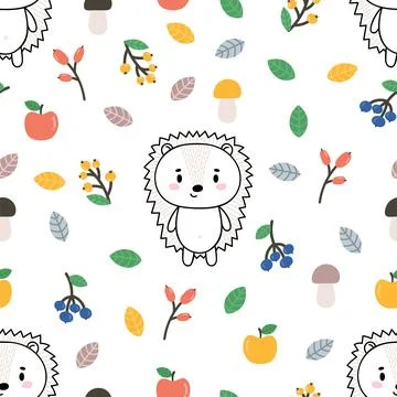 Cute seamless pattern with little hedgehog, apples and berries. Childish ba.. Stock Illustration