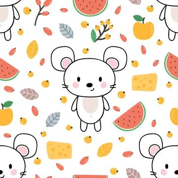 Cute seamless pattern with little mouse, cheese, watermelon and berries. Ch.. Stock Illustration