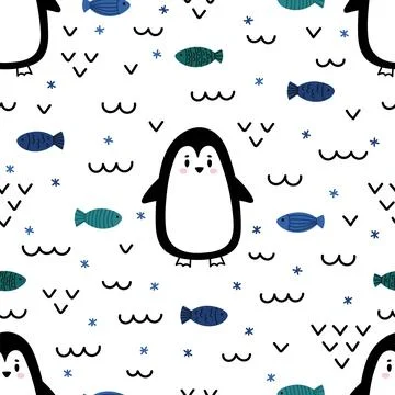 Cute seamless pattern with little penguin and fishes. Childish sea backgrou.. Stock Illustration