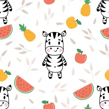 Cute seamless pattern with little zebra and fruits. Childish background wit.. Illustrazione stock