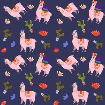 Cute seamless pattern of llama and cacti. Vector illustration on a blue backg Illustrazione stock