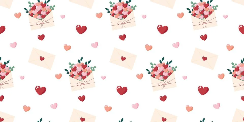 Cute seamless pattern of love with envelopes and hearts. Valentines Day des.. Stock Illustration