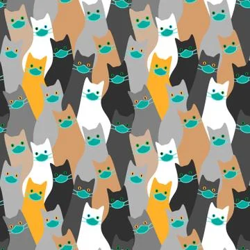 Cute seamless pattern with many cats wearing medical masks Stock Illustration