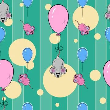 Cute Seamless Pattern. Mice with balloons. Vector illustration. Stock Illustration